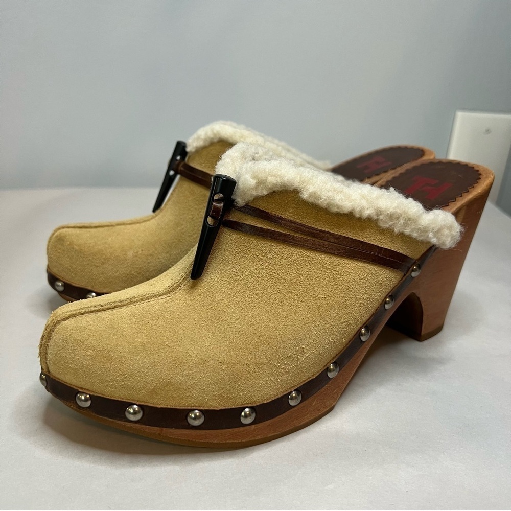 Vintage Tommy Hilfiger Clogs Size 7.5 Leather Upper Tan Summer Y2K 90s